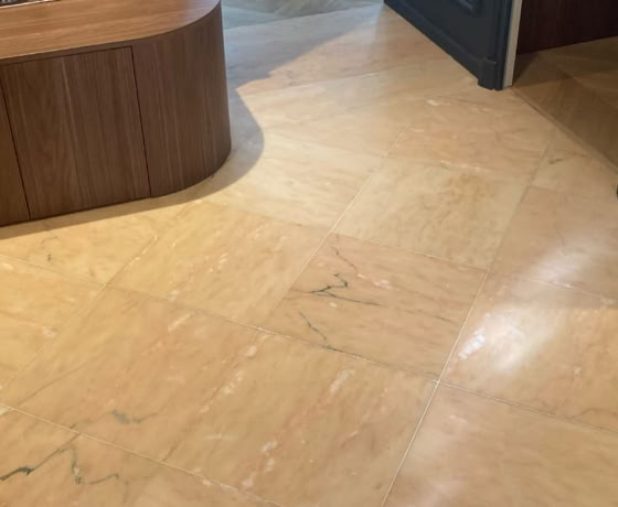 Image montrant le résultat final d'une rénovation avec traitement sur un sol en en marbre adoucie et protégé avant un traitement solvanté.